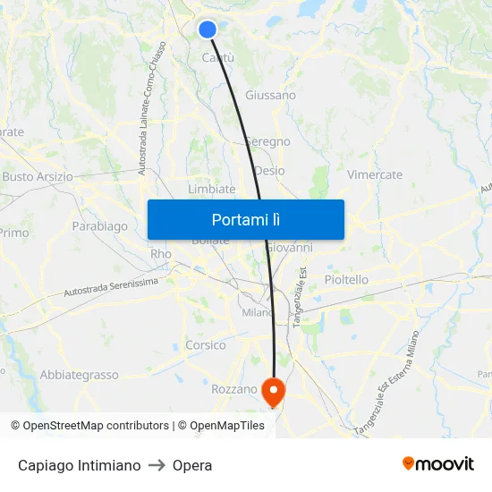 Capiago Intimiano to Opera map