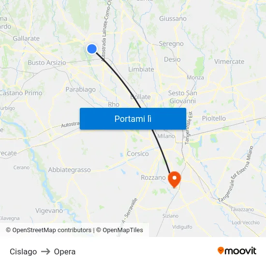 Cislago to Opera map