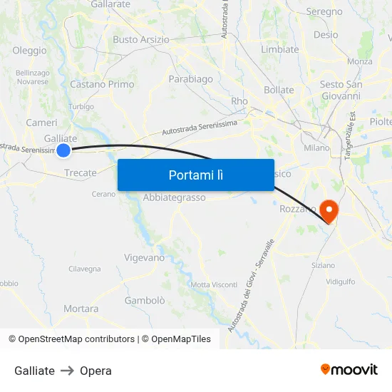 Galliate to Opera map