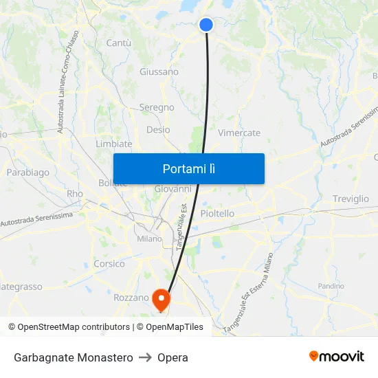 Garbagnate Monastero to Opera map