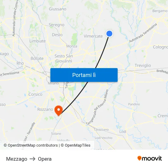 Mezzago to Opera map