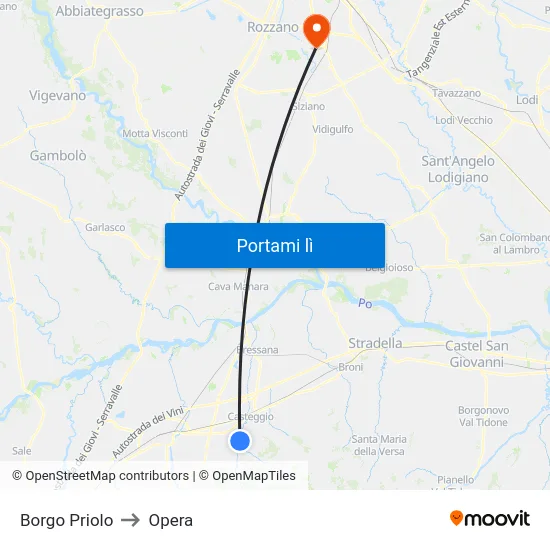 Borgo Priolo to Opera map