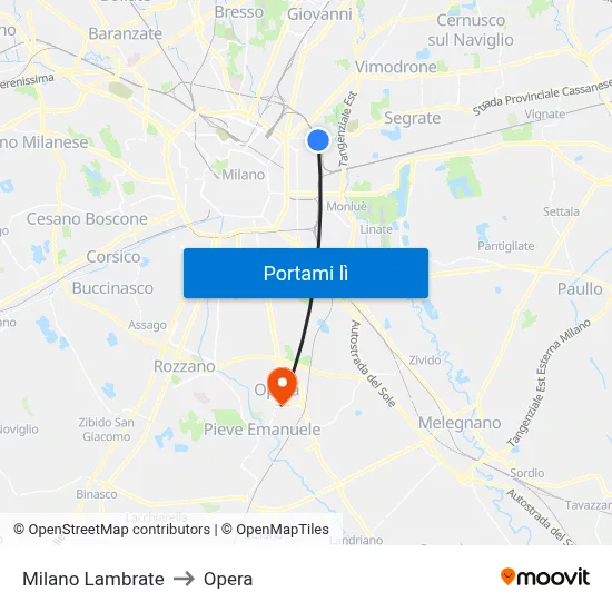 Milano Lambrate to Opera map