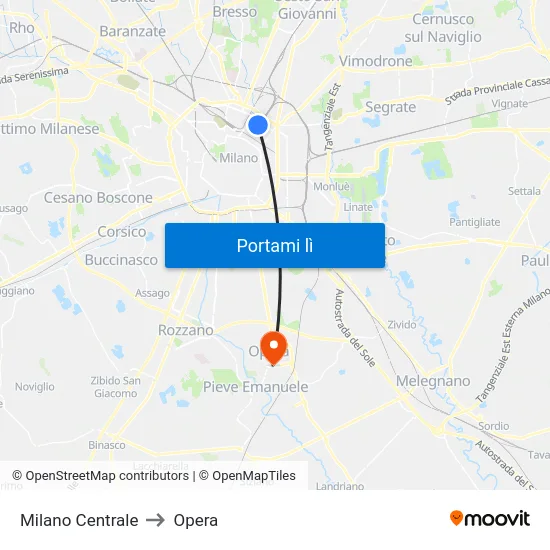 Milano Centrale to Opera map