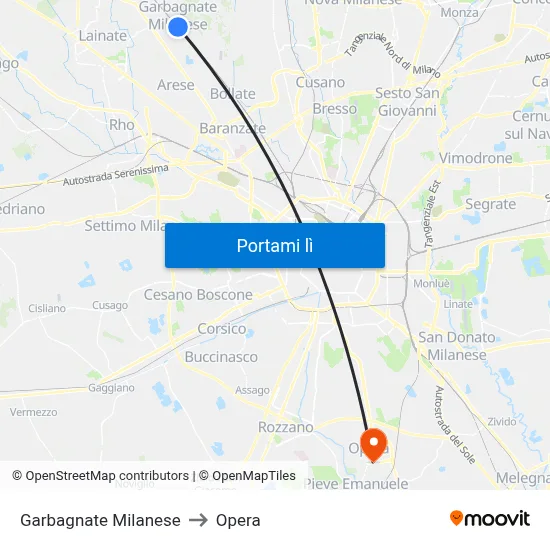 Garbagnate Milanese to Opera map