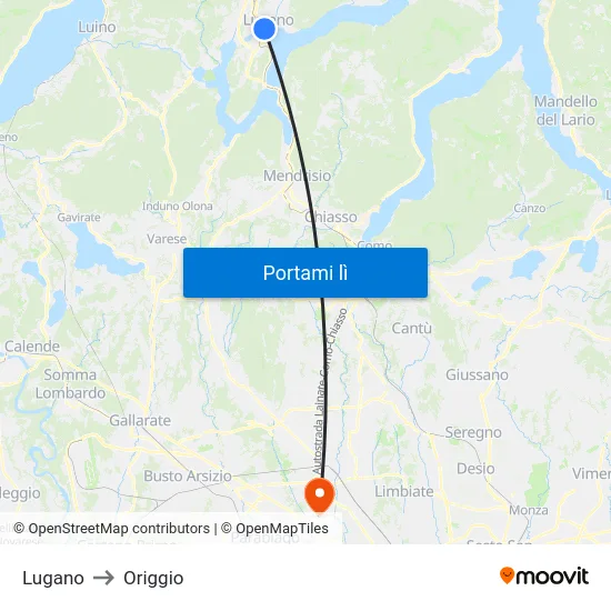 Lugano to Origgio map