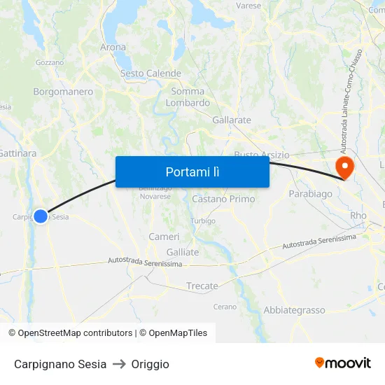 Carpignano Sesia to Origgio map