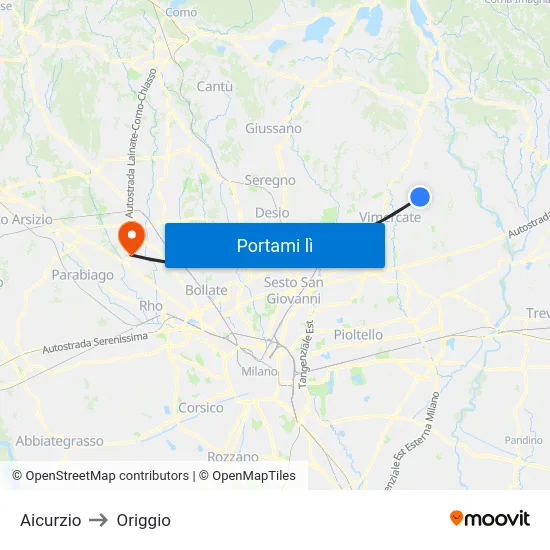 Aicurzio to Origgio map