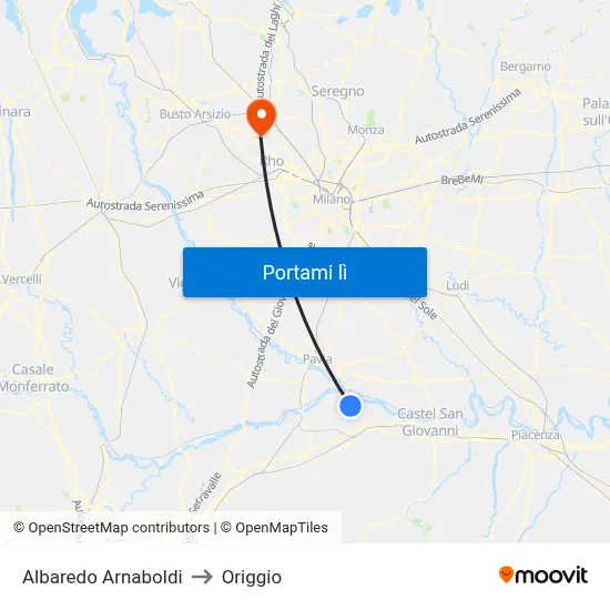 Albaredo Arnaboldi to Origgio map