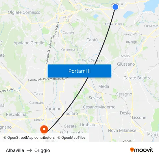 Albavilla to Origgio map