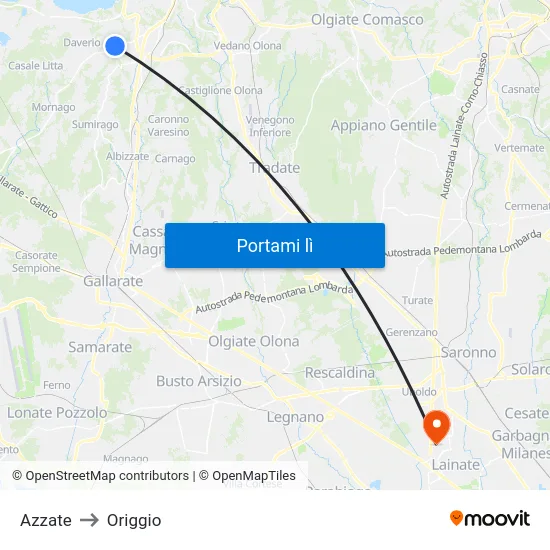 Azzate to Origgio map