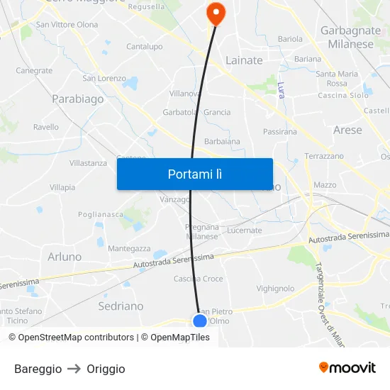 Bareggio to Origgio map