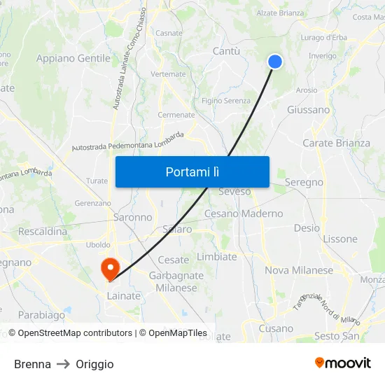 Brenna to Origgio map