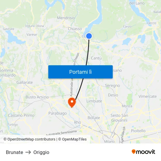 Brunate to Origgio map