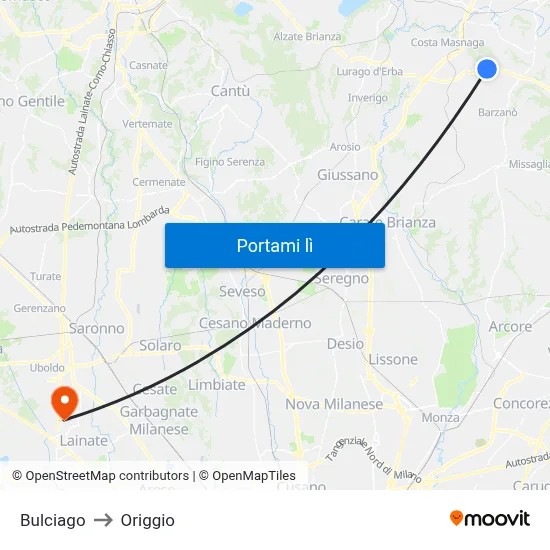 Bulciago to Origgio map