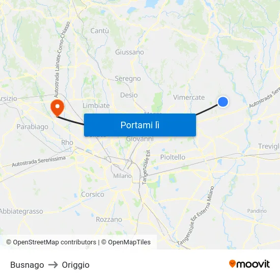 Busnago to Origgio map