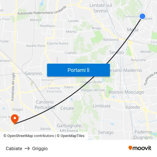 Cabiate to Origgio map