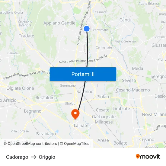 Cadorago to Origgio map