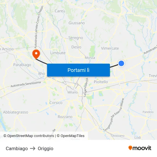 Cambiago to Origgio map