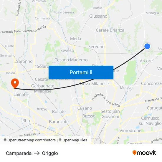 Camparada to Origgio map