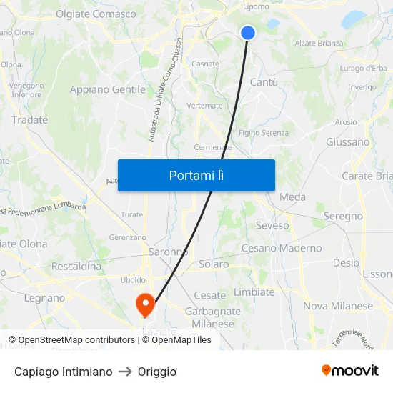 Capiago Intimiano to Origgio map
