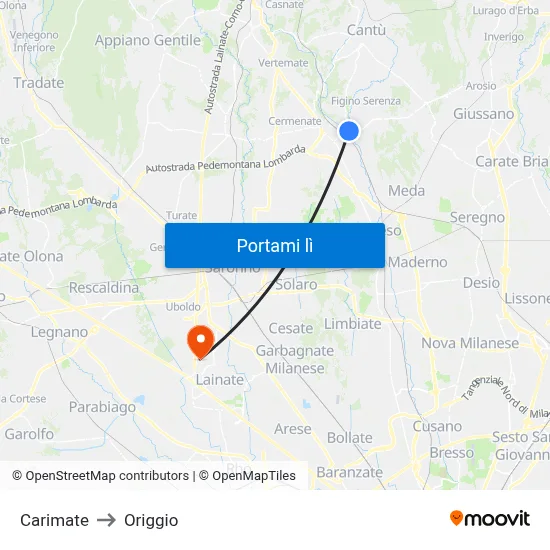 Carimate to Origgio map