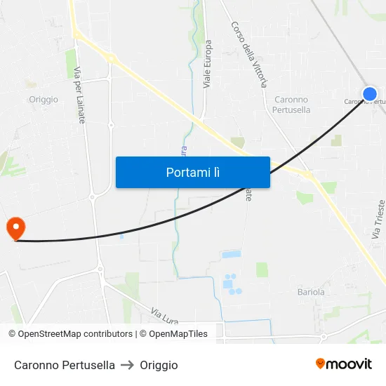 Caronno Pertusella to Origgio map