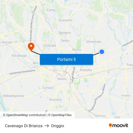 Cavenago Di Brianza to Origgio map