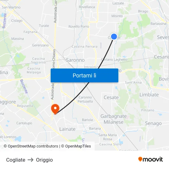 Cogliate to Origgio map