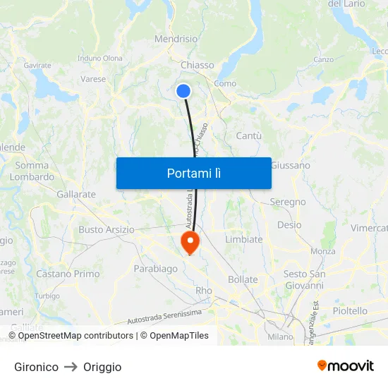 Gironico to Origgio map