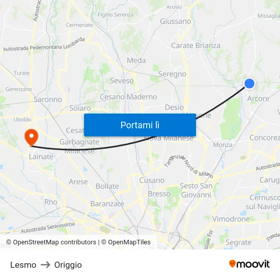 Lesmo to Origgio map