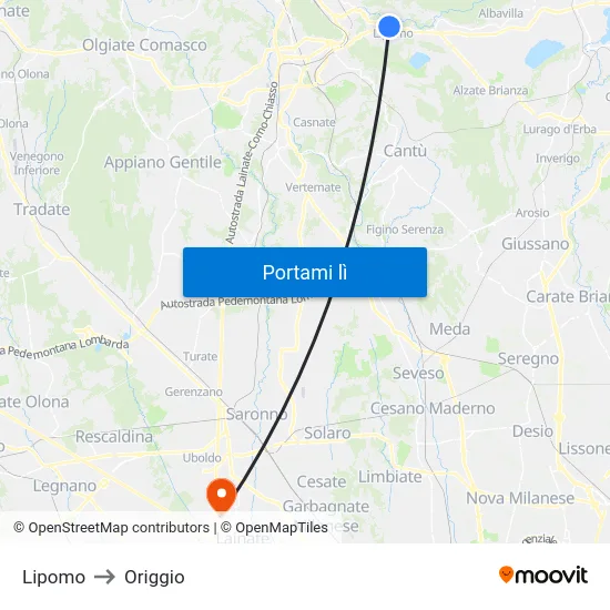 Lipomo to Origgio map