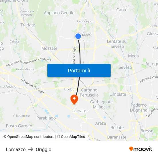 Lomazzo to Origgio map