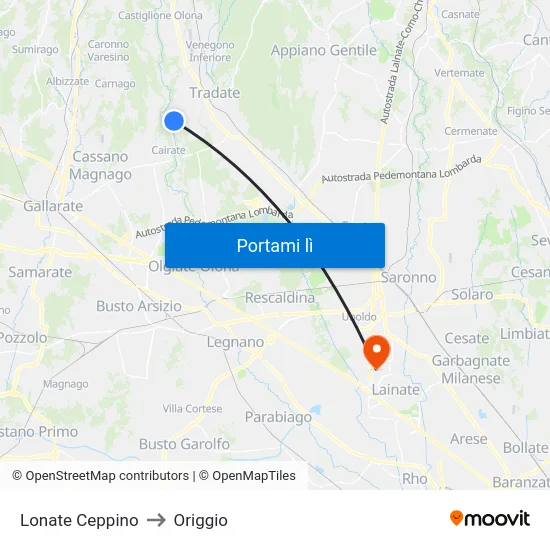 Lonate Ceppino to Origgio map