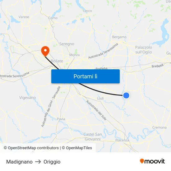 Madignano to Origgio map