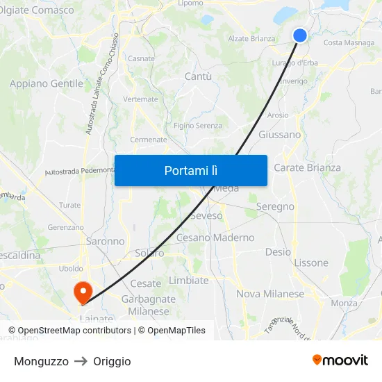 Monguzzo to Origgio map
