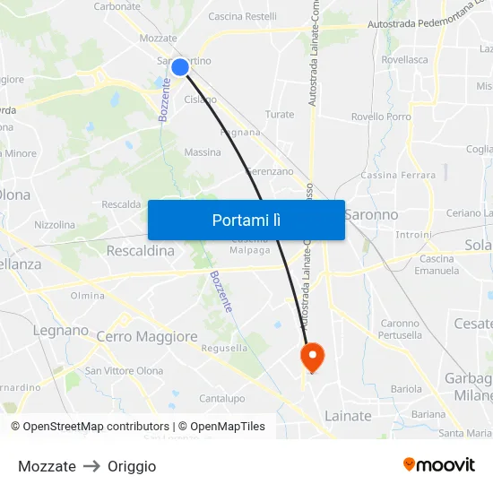 Mozzate to Origgio map