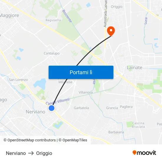 Nerviano to Origgio map