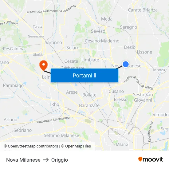 Nova Milanese to Origgio map