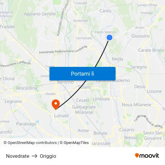 Novedrate to Origgio map