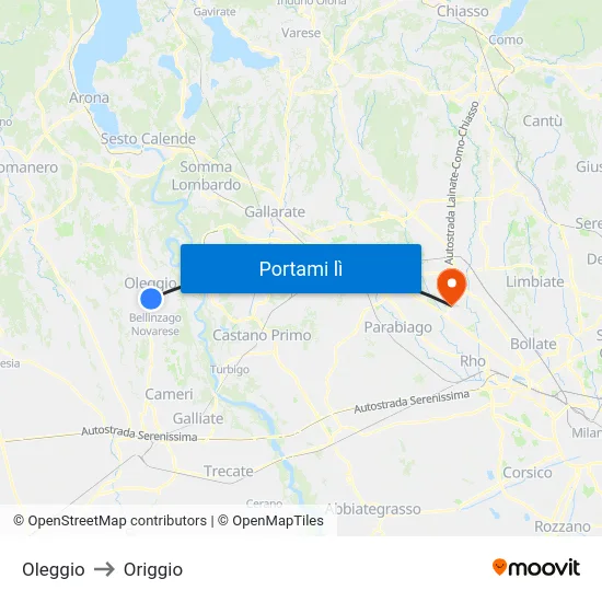 Oleggio to Origgio map