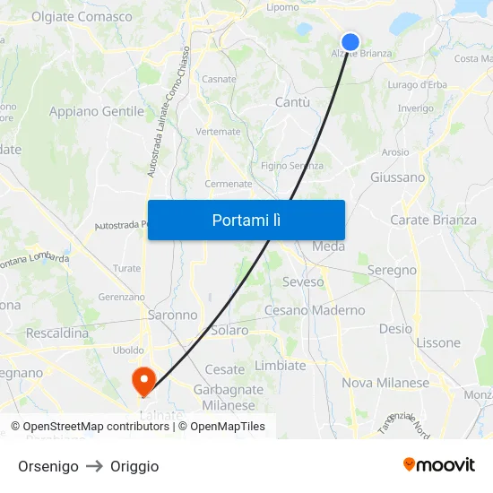 Orsenigo to Origgio map