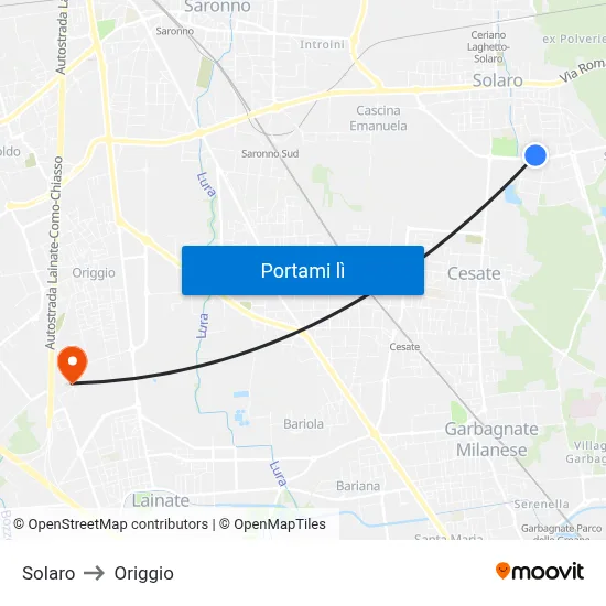 Solaro to Origgio map