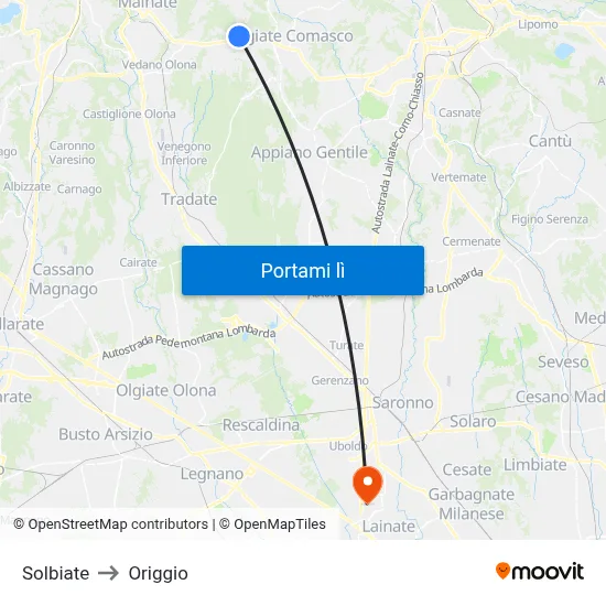 Solbiate to Origgio map