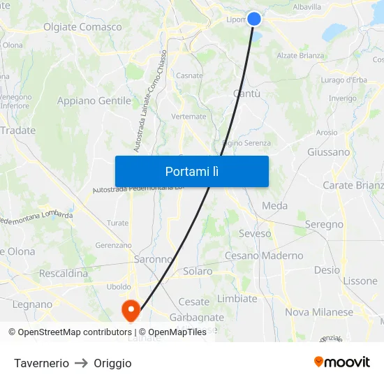 Tavernerio to Origgio map