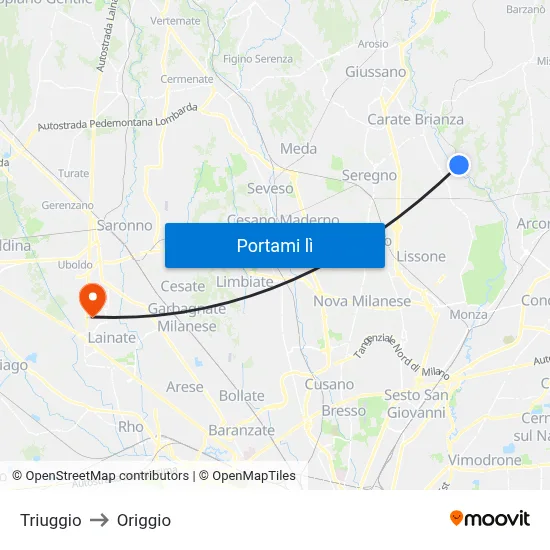 Triuggio to Origgio map