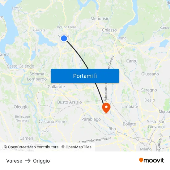 Varese to Origgio map