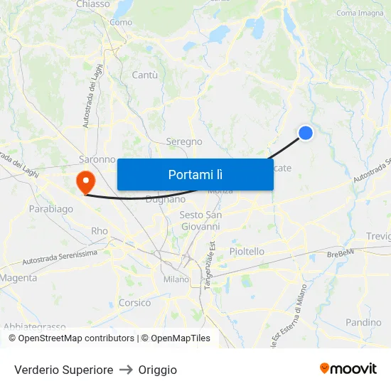 Verderio Superiore to Origgio map