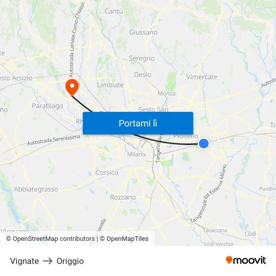 Vignate to Origgio map