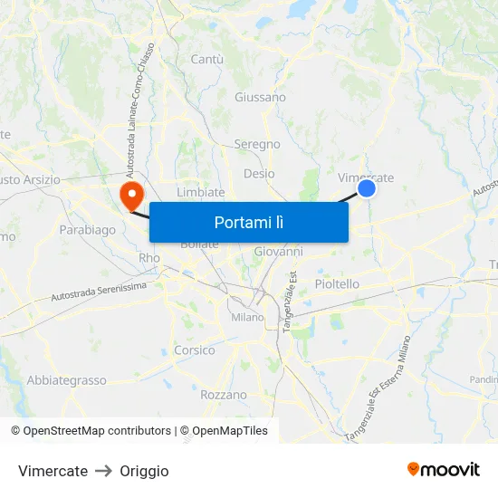 Vimercate to Origgio map